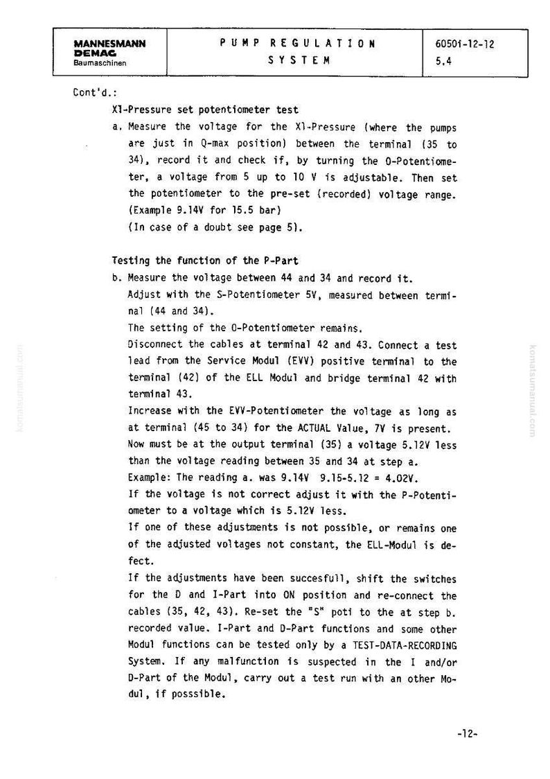 May include: A technical document from Mannesmann Demag, detailing the pump regulation system. The text includes instructions for potentiometer testing, voltage measurements, and adjustments, with examples and diagrams. The document is in black and white.