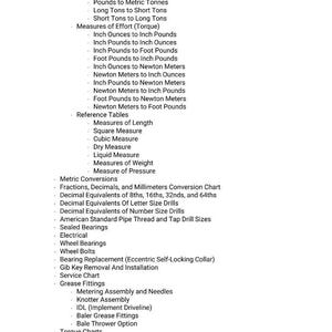 May include: A white document lists various measurement conversions, including grams to ounces, inches to foot pounds, and Newton meters. It also includes reference tables for length, weight, and pressure, along with metric conversions and torque specifications.