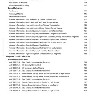 May include: A white-backgrounded page from a manual with a table of contents. The document lists topics such as "Live With Safety", "Trademarks", and "Diagnostic Trouble Codes (DTC)". Page numbers are listed on the right.