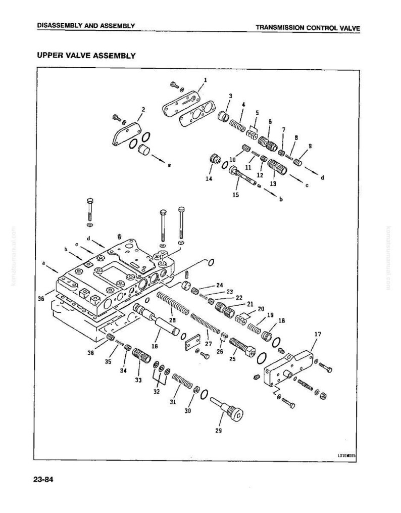 May include: An exploded diagram of a transmission control valve assembly. The diagram shows various components, including springs, bolts, and valve bodies, labeled with numbers. The text "DISASSEMBLY AND ASSEMBLY" and "UPPER VALVE ASSEMBLY" are visible.