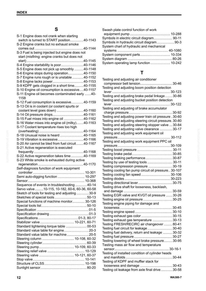May include: A detailed index page from a manual, listing various engine and equipment troubleshooting topics. The page includes a table of contents with numbered sections and page references, covering topics like engine performance and testing procedures.