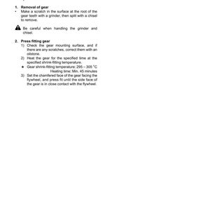 May include: A page from a repair manual detailing the process of replacing a flywheel ring gear. The text includes instructions on gear removal and press fitting, with warnings about safety and handling tools. The page is white with black text.