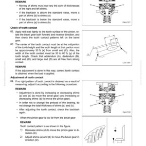 Puede incluir: Diagramas t&eacute;cnicos y texto de un manual que explica el desmontaje y montaje de un diferencial. Las ilustraciones muestran los componentes del engranaje y los procedimientos de ajuste, incluyendo calzas y patrones de contacto de los dientes. El texto proporciona instrucciones.