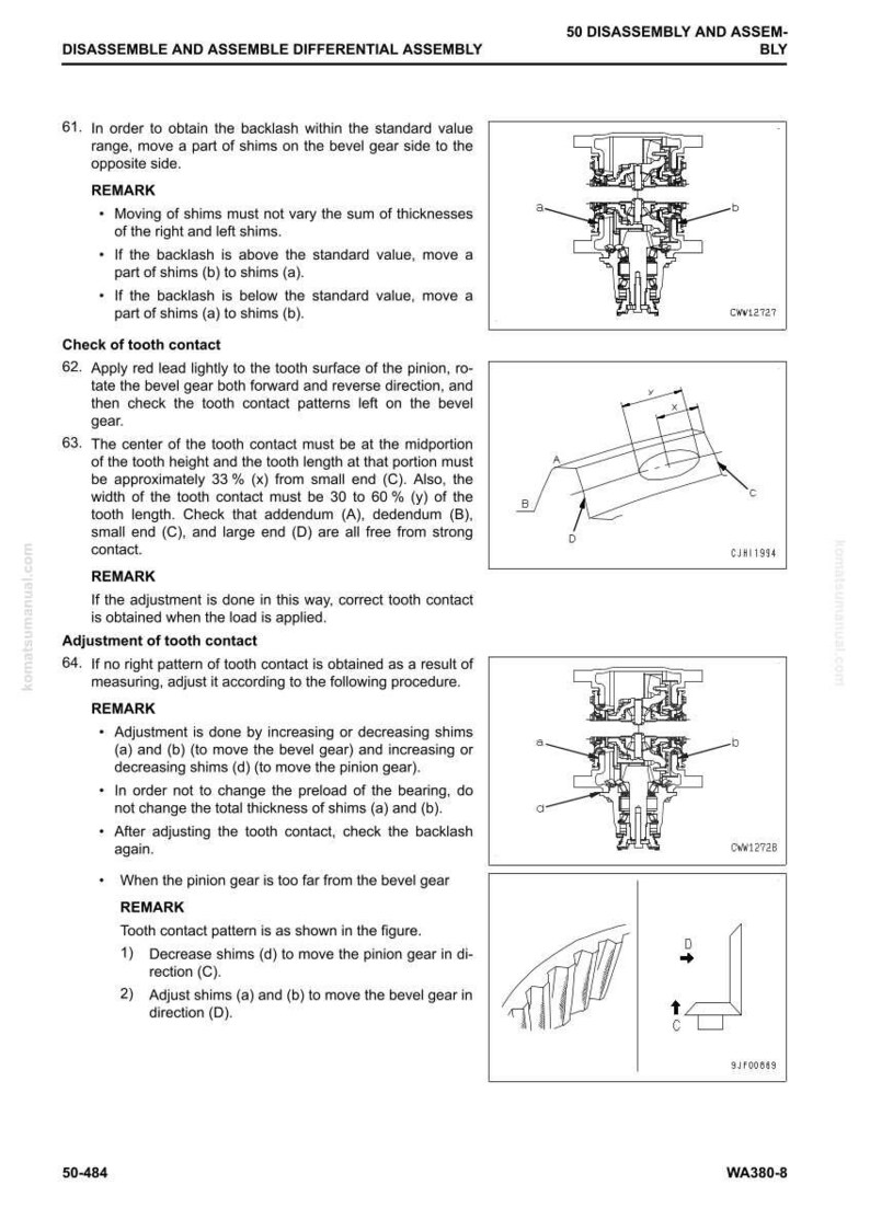 Puede incluir: Diagramas t&eacute;cnicos y texto de un manual que explica el desmontaje y montaje de un diferencial. Las ilustraciones muestran los componentes del engranaje y los procedimientos de ajuste, incluyendo calzas y patrones de contacto de los dientes. El texto proporciona instrucciones.