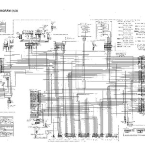 May include: Electrical circuit diagram (1/2) with text. The diagram is a complex network of lines, symbols, and text, likely representing an electrical system. The diagram is in black and white.