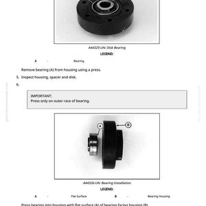 May include: Diagram showing a disk bearing and bearing installation. The image includes close-up views of the bearing components, labeled with letters and accompanied by instructions. Text includes "IMPORTANT: Press only on outer race of bearing."