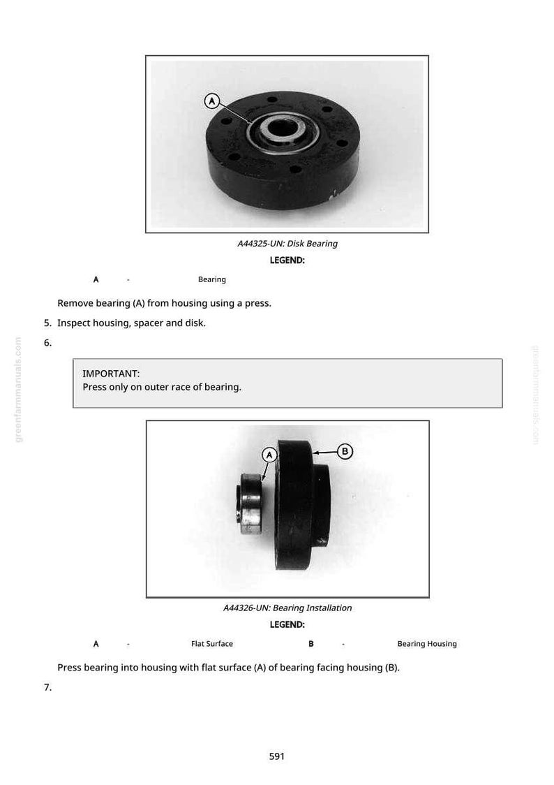 May include: Diagram showing a disk bearing and bearing installation. The image includes close-up views of the bearing components, labeled with letters and accompanied by instructions. Text includes "IMPORTANT: Press only on outer race of bearing."
