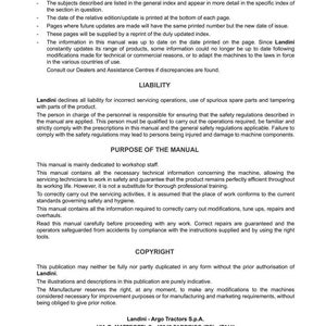 Puede incluir: Manual impreso para tractores Serie 4 de Landini. El manual incluye secciones sobre introducci&oacute;n, responsabilidad, prop&oacute;sito y derechos de autor. La fecha de edici&oacute;n del manual est&aacute; impresa en la parte inferior de cada p&aacute;gina. Se incluye la direcci&oacute;n de Landini - Argo Tractors S.p.A.