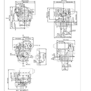 Pu&ograve; includere: Diagramma di un motore con dimensioni dettagliate in millimetri e pollici. L'immagine include pi&ugrave; viste del motore, con misure etichettate per vari componenti. Il testo "DIMENSIONS" &egrave; in alto.