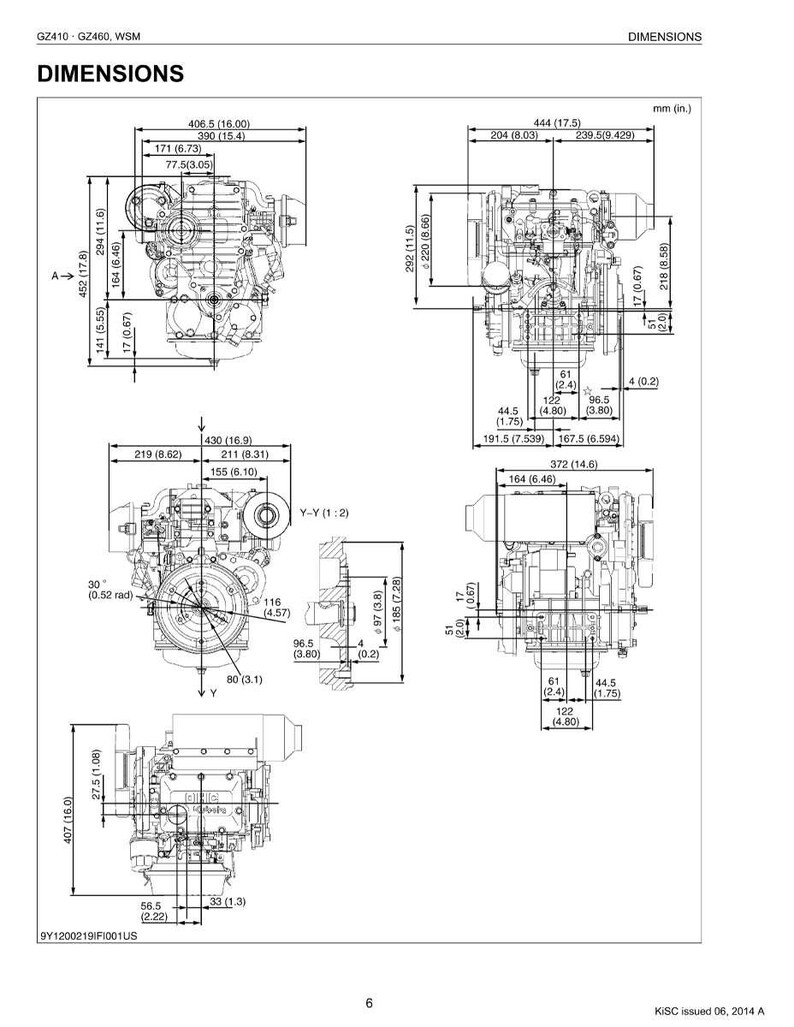 Pu&ograve; includere: Diagramma di un motore con dimensioni dettagliate in millimetri e pollici. L'immagine include pi&ugrave; viste del motore, con misure etichettate per vari componenti. Il testo "DIMENSIONS" &egrave; in alto.