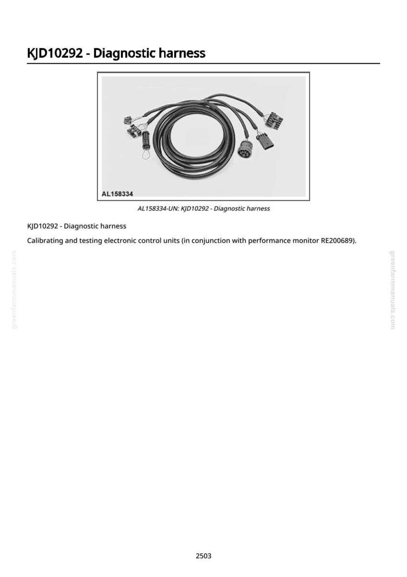 May include: A diagnostic harness, labeled KJD10292, featuring a circular arrangement of black cables with multiple connectors. The image includes the text "AL158334" and "AL158334-UN: KJD10292 - Diagnostic harness".