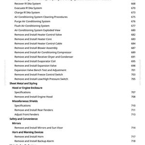May include: A detailed table of contents from a manual, listing automotive repair procedures. Topics include air conditioning, engine components, and safety features. The page numbers are listed on the right side.