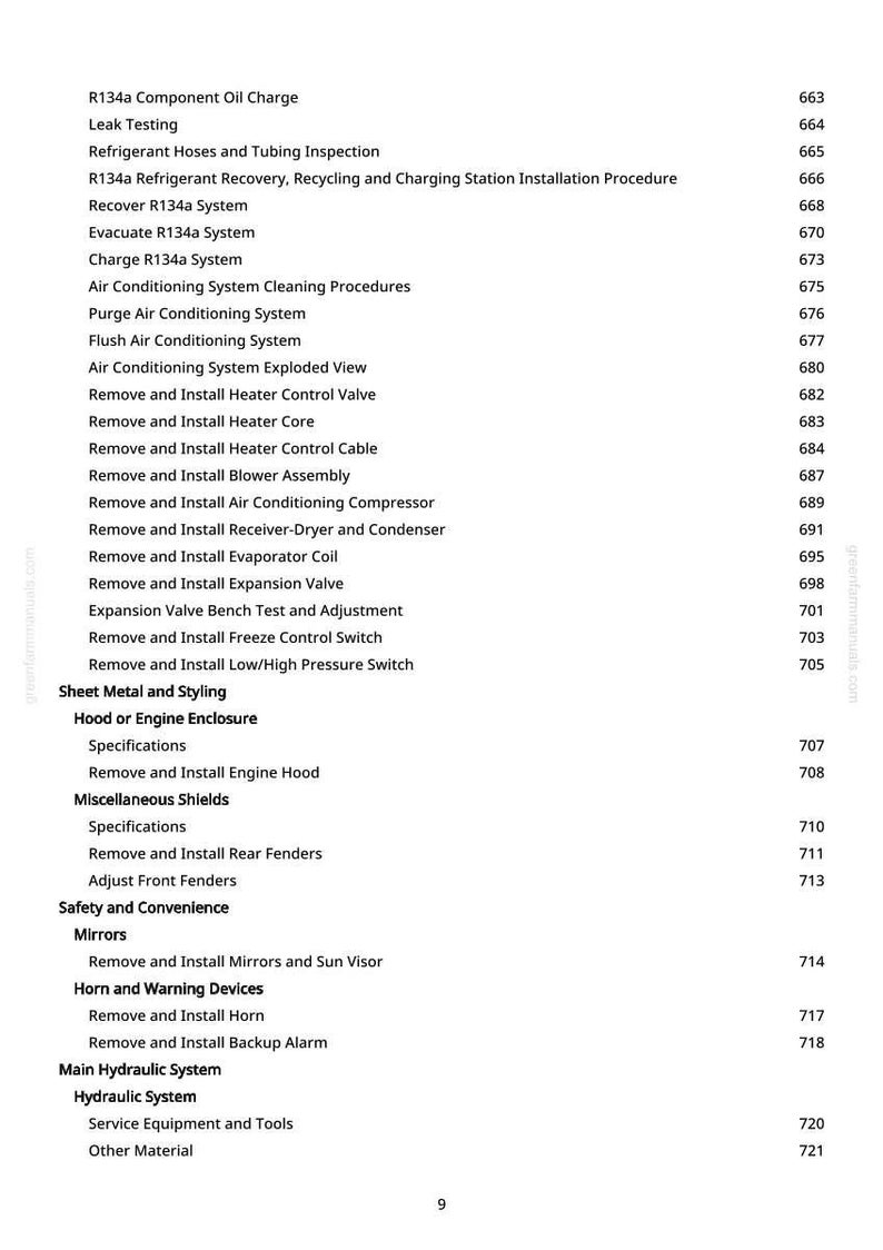 May include: A detailed table of contents from a manual, listing automotive repair procedures. Topics include air conditioning, engine components, and safety features. The page numbers are listed on the right side.