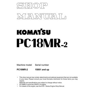 May include: A white shop manual with the text "SHOP MANUAL" in a bold, outlined font. The Komatsu logo and "PC18MR-2" are prominently displayed. The manual includes machine model and serial number information.
