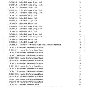 May include: A printed page with a list of diagnostic trouble codes for Coulter Disk Control Software. The codes are organized by group and fault type, with page numbers on the right. The text includes "Coulter Disk" and "CDC".