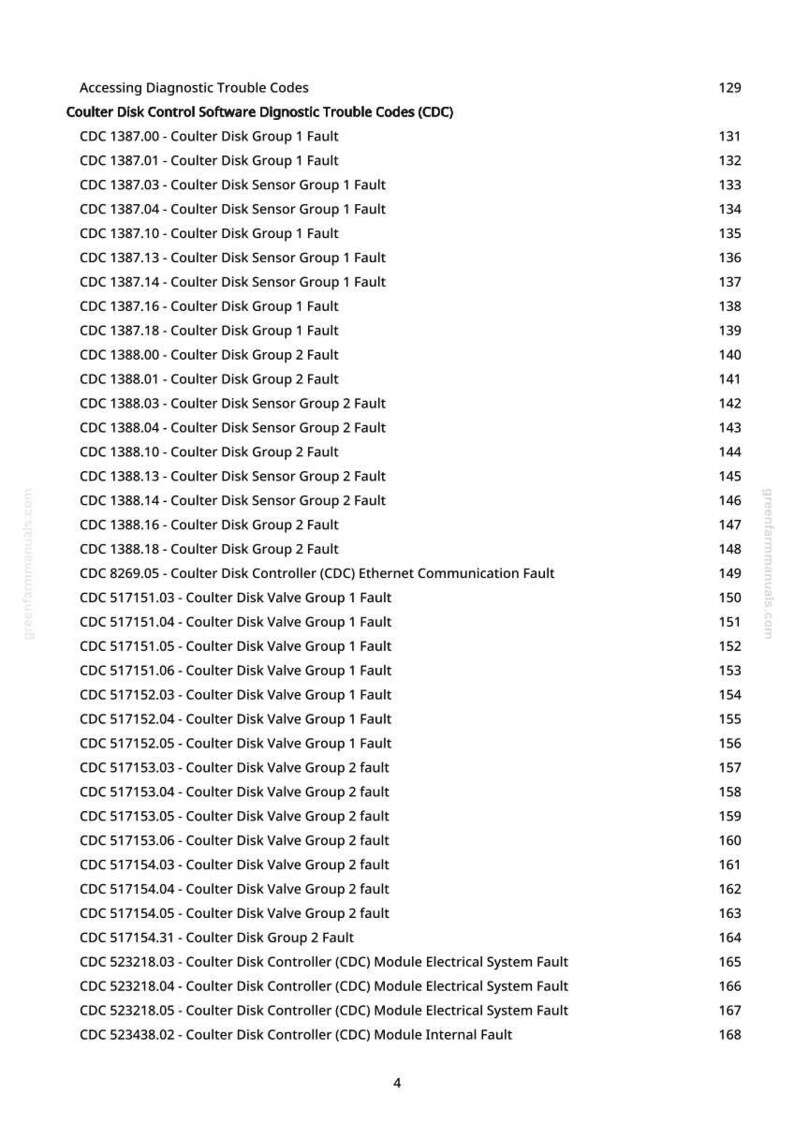 May include: A printed page with a list of diagnostic trouble codes for Coulter Disk Control Software. The codes are organized by group and fault type, with page numbers on the right. The text includes "Coulter Disk" and "CDC".