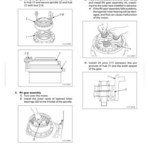 Op de afbeelding: Diagrammen die de demontage en montage van een reismotor illustreren. De afbeeldingen tonen stappen zoals het installeren van spindels, RV-versnellingsbak en pinnen. Tekst bevat "DEMONTAGE EN MONTAGE" en "REISMOTOR".