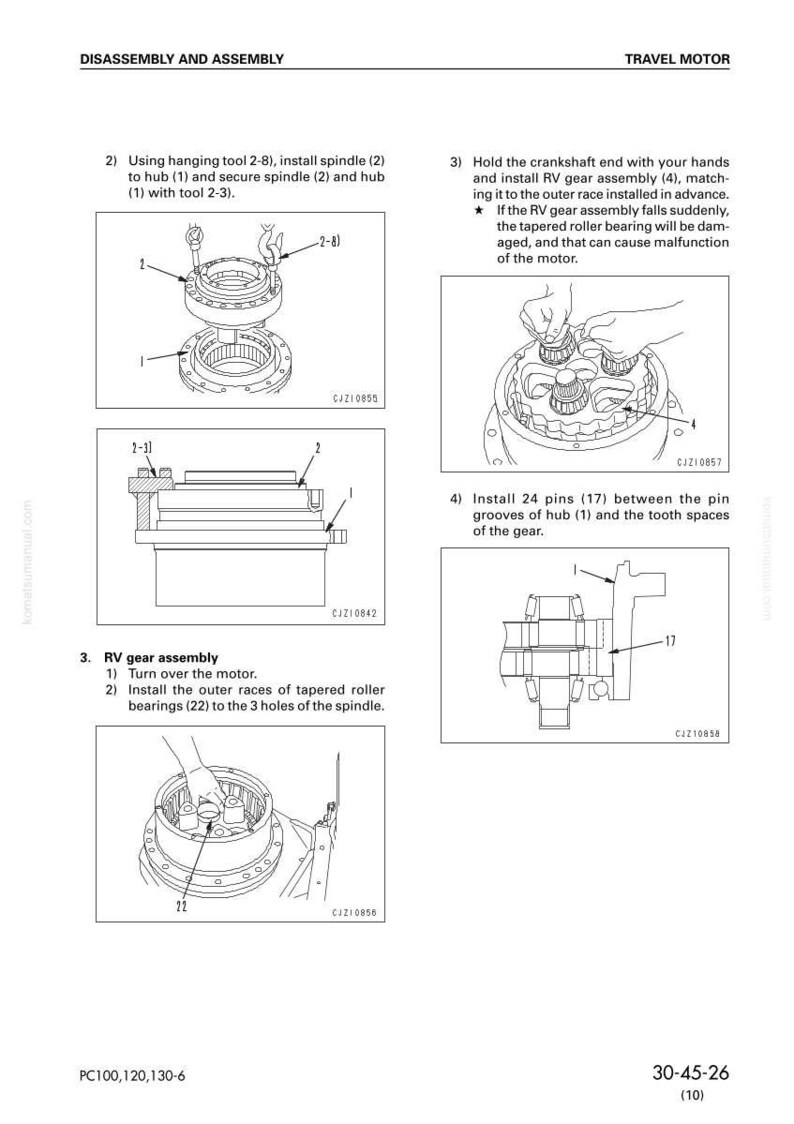 Op de afbeelding: Diagrammen die de demontage en montage van een reismotor illustreren. De afbeeldingen tonen stappen zoals het installeren van spindels, RV-versnellingsbak en pinnen. Tekst bevat "DEMONTAGE EN MONTAGE" en "REISMOTOR".