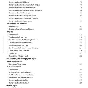May include: A manual page detailing automotive repair procedures. The list includes tasks like removing the fuel injection pump, installing a thermostat, and reconditioning the cylinder head. Text is black on white.
