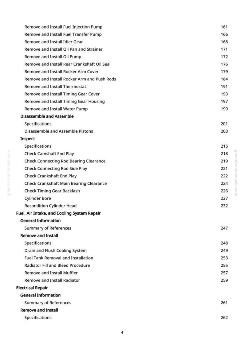 May include: A manual page detailing automotive repair procedures. The list includes tasks like removing the fuel injection pump, installing a thermostat, and reconditioning the cylinder head. Text is black on white.