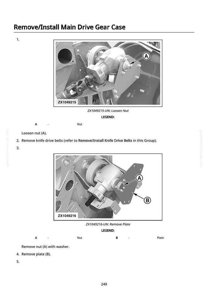 May include: Diagram illustrating the removal and installation of a main drive gear case. The image shows detailed views of mechanical components, including nuts, plates, and gear mechanisms, with labels and instructions for loosening and removing parts. The text includes part numbers and legends.