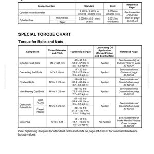 May include: A technical diagram detailing cylinder block specifications, including measurements in inches and foot-pounds, and a special torque chart for bolts and nuts. Includes metric equivalents in mm and N-m.
