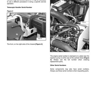 K&ouml;nnte beinhalten: Schwarz-wei&szlig; Servicehandbuchseite mit Diagrammen und Text, die die Seriennummernpositionen an einem Teleskophandler detailliert beschreiben. Enth&auml;lt Bilder von Motorkomponenten und Fahrgestellen.