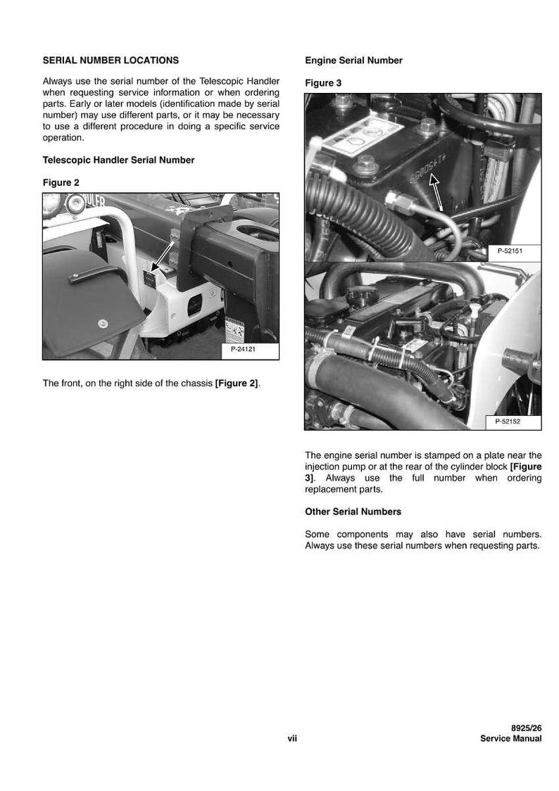 K&ouml;nnte beinhalten: Schwarz-wei&szlig; Servicehandbuchseite mit Diagrammen und Text, die die Seriennummernpositionen an einem Teleskophandler detailliert beschreiben. Enth&auml;lt Bilder von Motorkomponenten und Fahrgestellen.