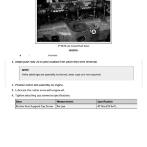 May include: Diagram showing rocker arm assembly installation. The image features a grayscale photograph of engine parts, with labels and text. Instructions detail installing push rods, positioning the rocker arm, and tightening screws to a torque of 47 N&middot;m.