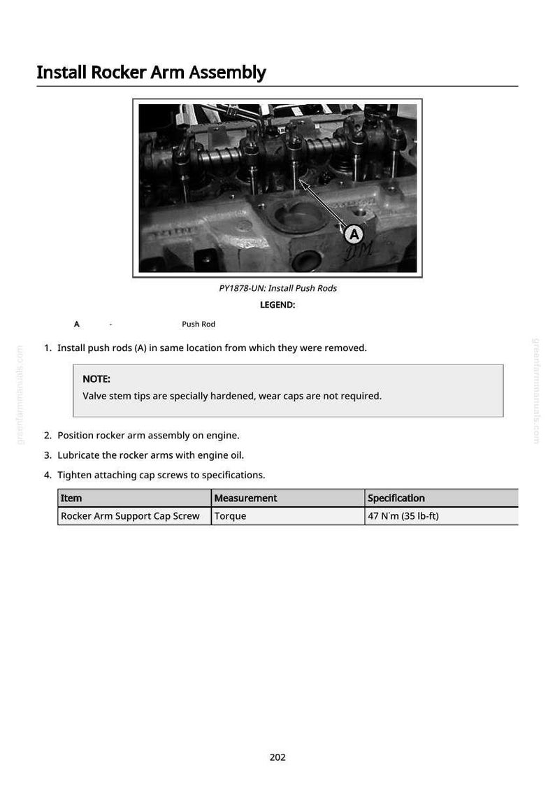 May include: Diagram showing rocker arm assembly installation. The image features a grayscale photograph of engine parts, with labels and text. Instructions detail installing push rods, positioning the rocker arm, and tightening screws to a torque of 47 N&middot;m.
