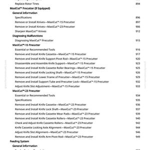 May include: A detailed table of contents from a manual, featuring a list of procedures for the MaxiCut&trade; Precutter. The text includes topics like removing and installing parts, diagnosing malfunctions, and specifications. The page number 10 is visible.