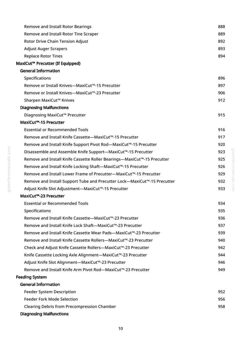 May include: A detailed table of contents from a manual, featuring a list of procedures for the MaxiCut&trade; Precutter. The text includes topics like removing and installing parts, diagnosing malfunctions, and specifications. The page number 10 is visible.
