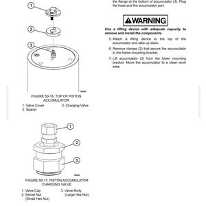 May include: Diagram of hydraulic system components, including a valve cover, spacer, and charging valve. The image also shows a piston accumulator and charging valve assembly, with labels for each part. Text includes warnings and instructions for disassembly.