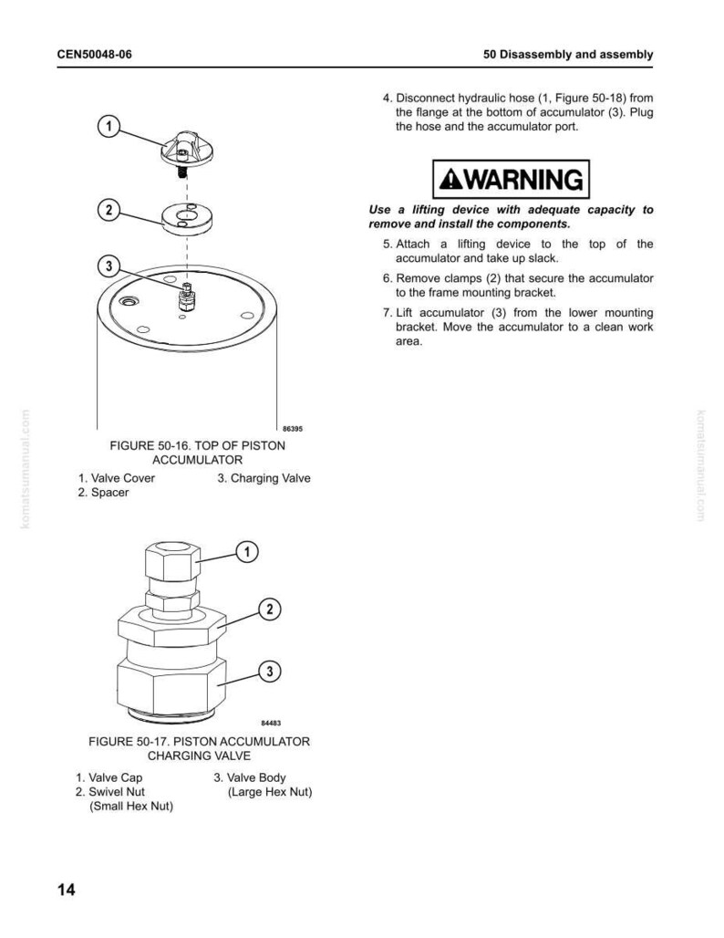 May include: Diagram of hydraulic system components, including a valve cover, spacer, and charging valve. The image also shows a piston accumulator and charging valve assembly, with labels for each part. Text includes warnings and instructions for disassembly.