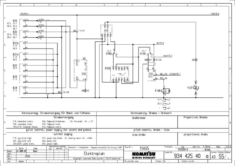 Peut inclure: Un sch&eacute;ma &eacute;lectrique d&eacute;taill&eacute; avec des lignes, des symboles et du texte. Le diagramme comprend des &eacute;tiquettes telles que "pilot control" et "current supply". Le logo Komatsu Mining Germany est visible en bas.