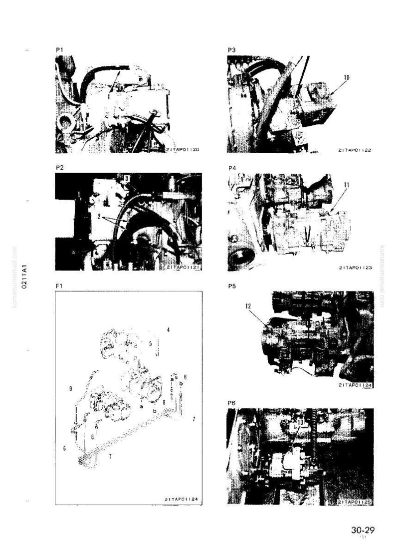 May include: A technical diagram of an engine, with multiple detailed views labeled P1 through P6. The diagram includes various engine components, with labels and part numbers such as 21TAP01120, 21TAP01122, 21TAP01123, 21TAP01124, and 21TAP01125. The diagram is in black and white.