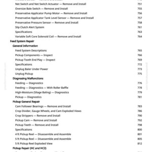 Op de afbeelding: Een witte pagina met een gedetailleerde inhoudsopgave, met verschillende reparatie- en onderhoudsonderwerpen voor landbouwmachines. De tekst bevat termen als 'Sensor', 'Schakelaar' en 'Reel', met bijbehorende paginanummers.
