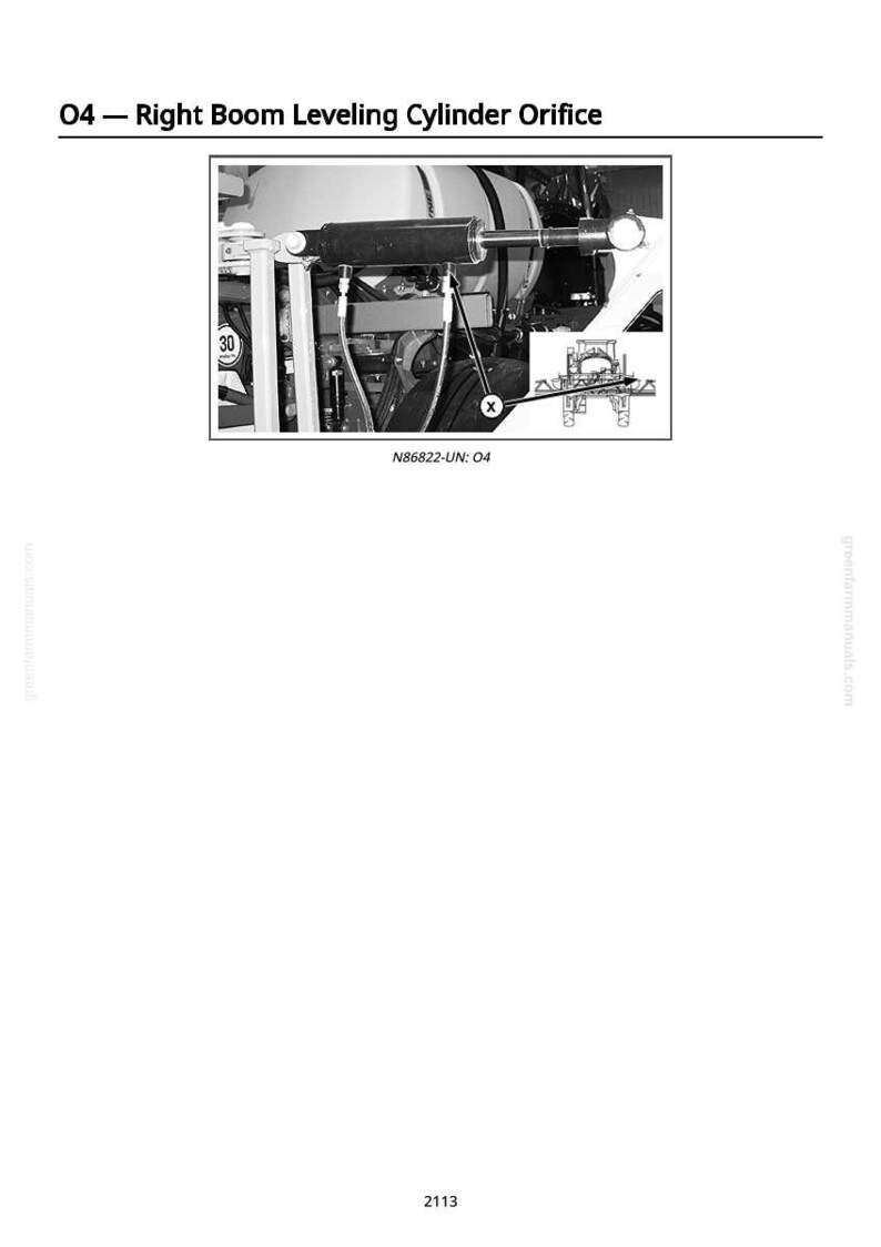 May include: Diagram of a right boom leveling cylinder orifice. The image shows a close-up of the machinery with the text "O4 - Right Boom Leveling Cylinder Orifice" at the top. The diagram includes a smaller inset image and the text "N86822-UN: O4".