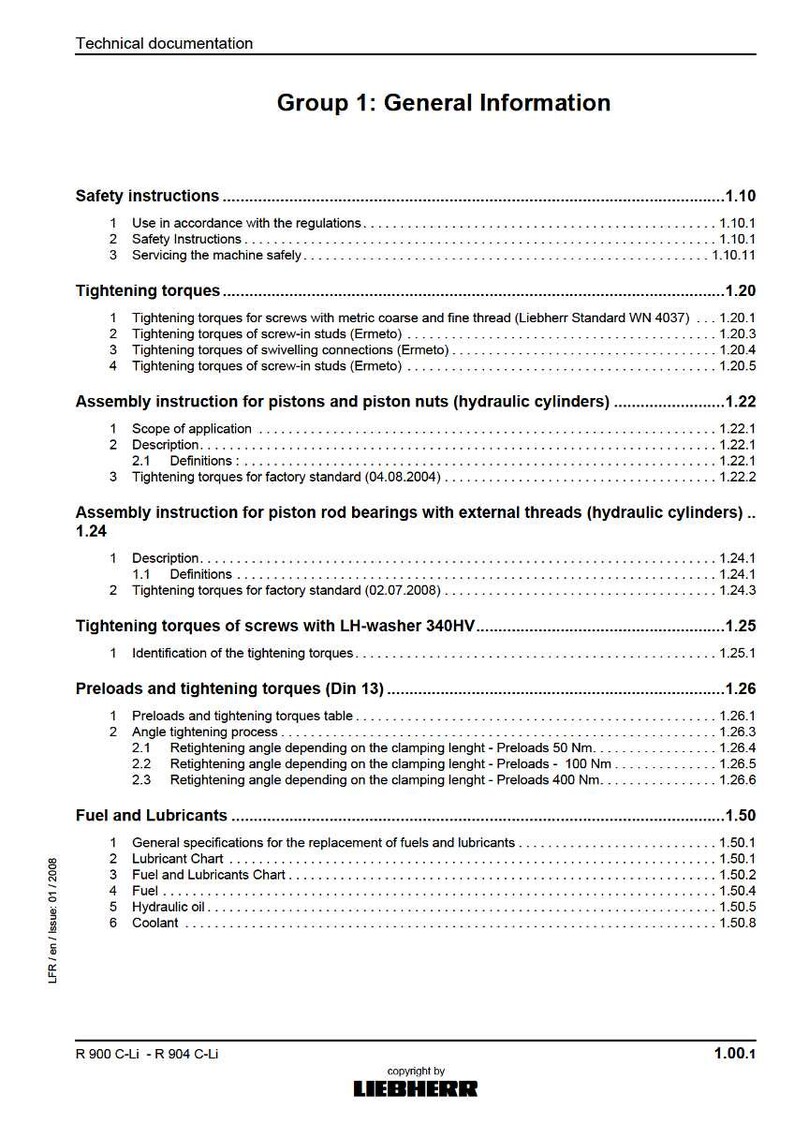 May include: Technical documentation page with the title "Group 1: General Information". The document includes sections on safety instructions, tightening torques, assembly instructions, and fuel and lubricants. The Liebherr logo is at the bottom.