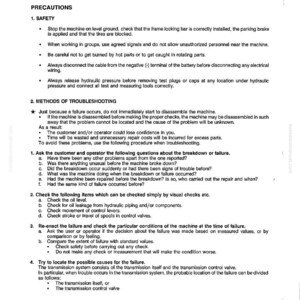 May include: A printed page from a troubleshooting manual, with the title "Troubleshooting Precautions." The text includes safety instructions, methods for troubleshooting, and a list of items to check. The page is white with black text.