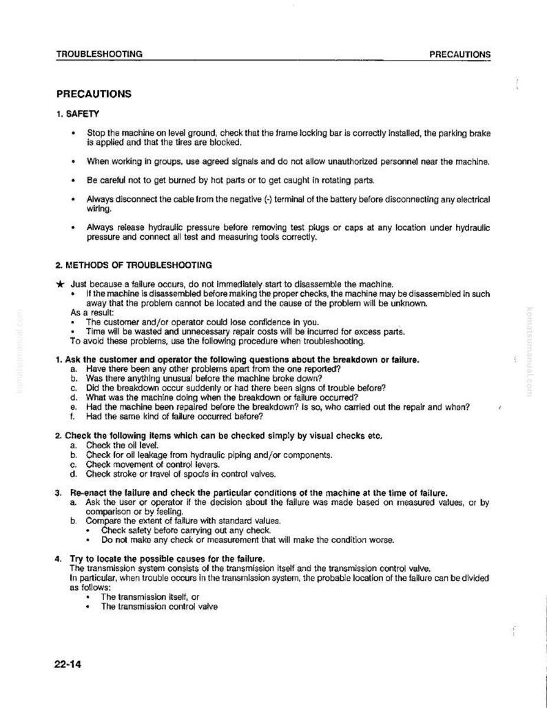May include: A printed page from a troubleshooting manual, with the title "Troubleshooting Precautions." The text includes safety instructions, methods for troubleshooting, and a list of items to check. The page is white with black text.