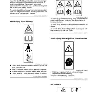May include: A page of safety labels with pictograms and text. The labels warn against potential hazards like tipping, loud noise exposure, and hot surfaces. The image includes warnings about transport and operation.