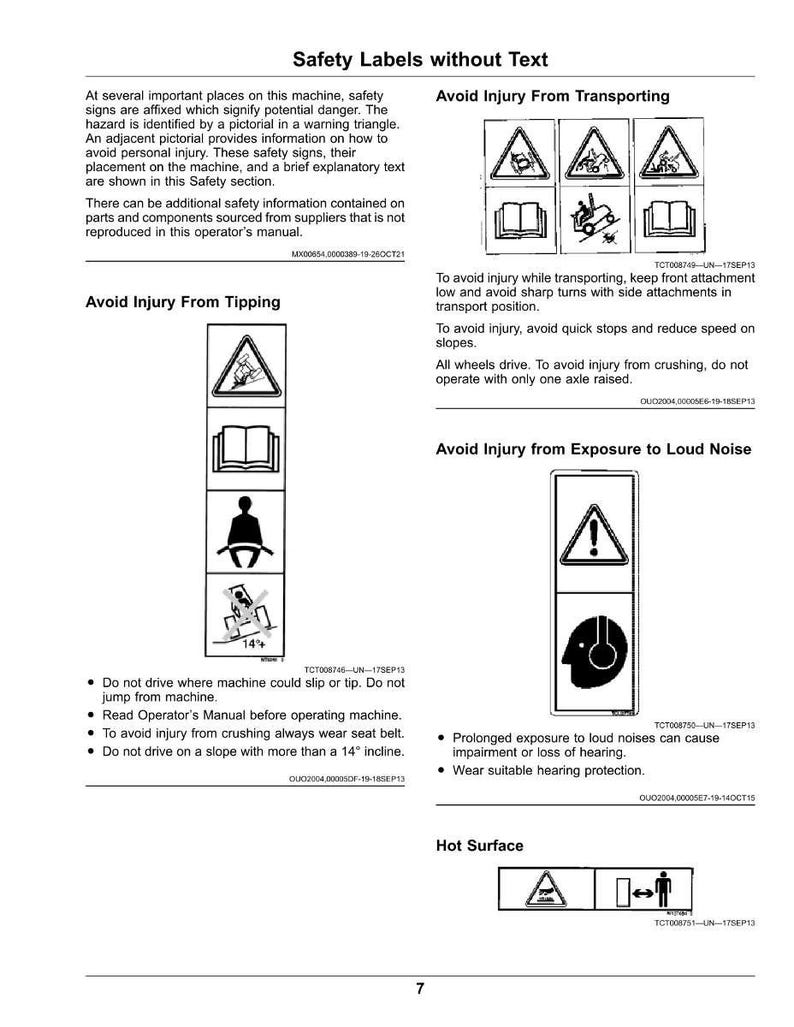 May include: A page of safety labels with pictograms and text. The labels warn against potential hazards like tipping, loud noise exposure, and hot surfaces. The image includes warnings about transport and operation.