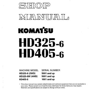 Może przedstawiać: Biała okładka instrukcji warsztatowej z tekstem "SHOP MANUAL" i "KOMATSU HD325-6 HD405-6" pogrubioną czcionką. Instrukcja zawiera informacje o modelu maszyny i numerze seryjnym.