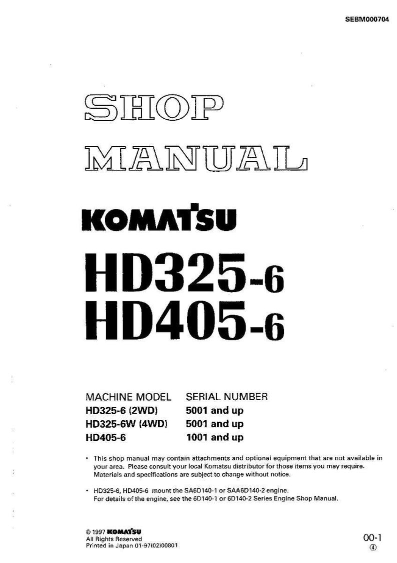 Może przedstawiać: Biała okładka instrukcji warsztatowej z tekstem "SHOP MANUAL" i "KOMATSU HD325-6 HD405-6" pogrubioną czcionką. Instrukcja zawiera informacje o modelu maszyny i numerze seryjnym.