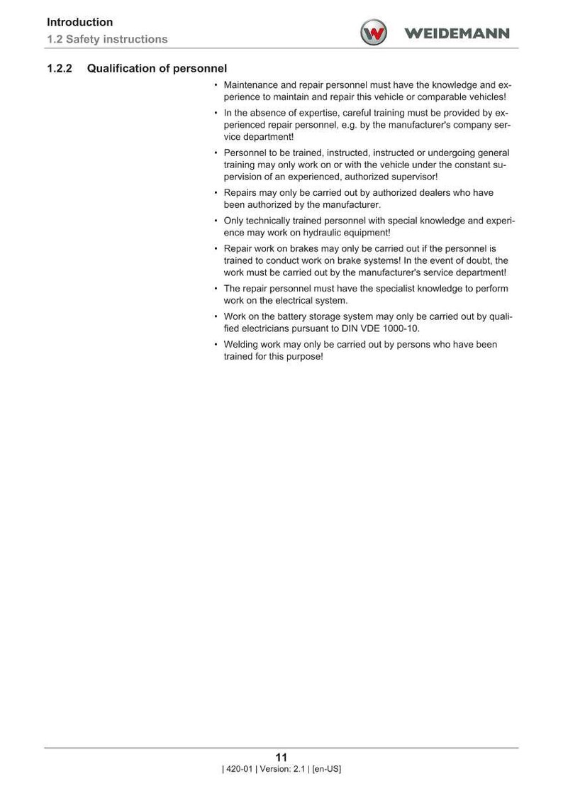 Op de afbeelding: Een pagina uit een Weidemann-handleiding met de titel "Inleiding" en "1.2 Veiligheidsinstructies". De tekst beschrijft de kwalificaties van het personeel, inclusief de vereisten voor training en expertise voor voertuigonderhoud en -reparatie. Het paginanummer is 11.