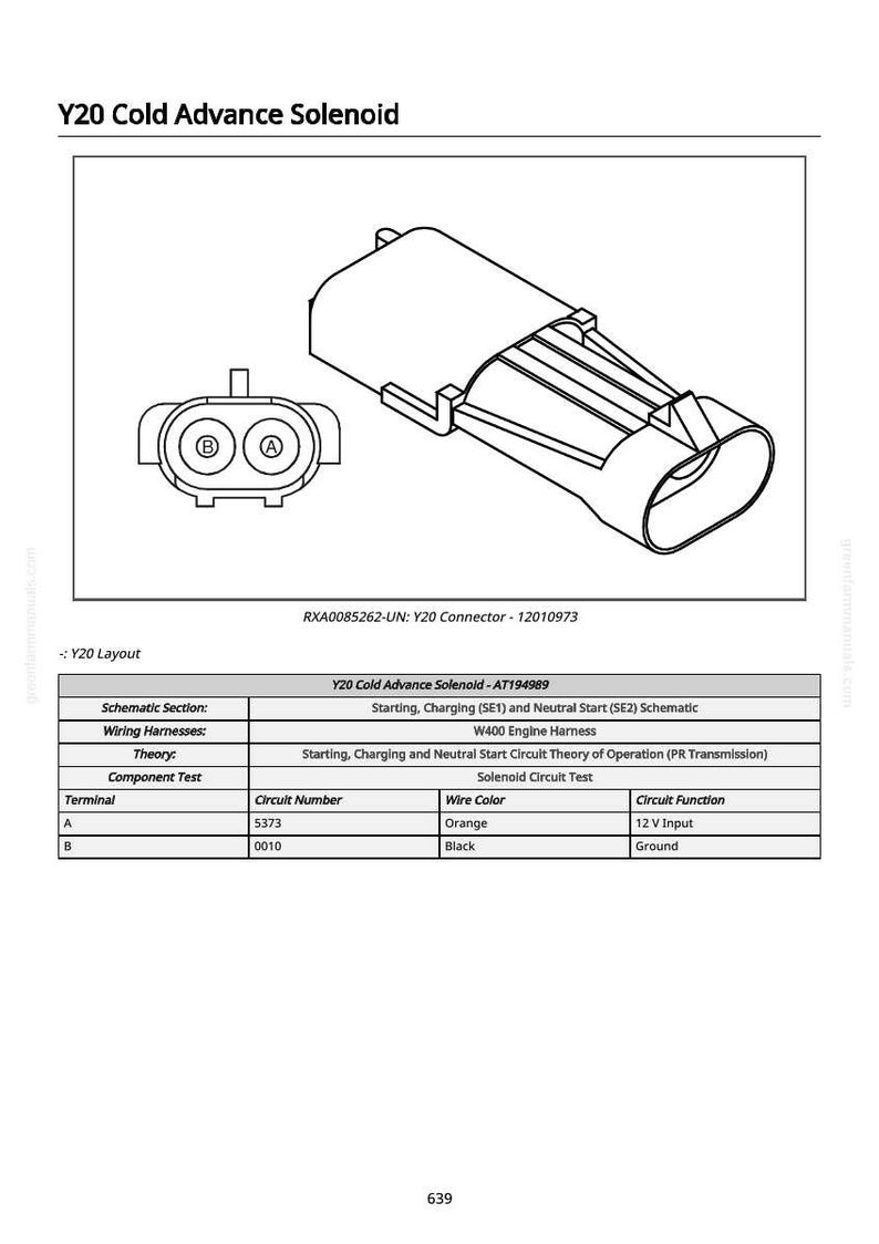 May include: Diagram of a Y20 Cold Advance Solenoid, a component with a rectangular body and a connector with two circular ports labeled A and B. The diagram includes a table with circuit information.