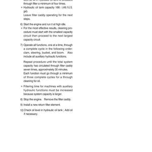 May include: A page of instructions with numbered steps for a mechanical process. The text includes details on operating a filter caddy, starting an engine, and cleaning procedures. The page has a white background with black text.