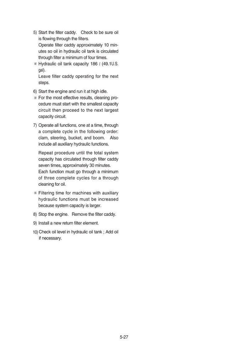 May include: A page of instructions with numbered steps for a mechanical process. The text includes details on operating a filter caddy, starting an engine, and cleaning procedures. The page has a white background with black text.