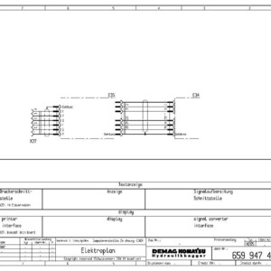 Puede incluir: Un diagrama t&eacute;cnico con texto en alem&aacute;n, incluyendo "Elektroplan" y "DEMAG KOMATSU Hydraulikbagger." El diagrama presenta varios componentes etiquetados, incluyendo "printer interface" y "display", con l&iacute;neas y conectores. El documento est&aacute; sobre un fondo blanco.